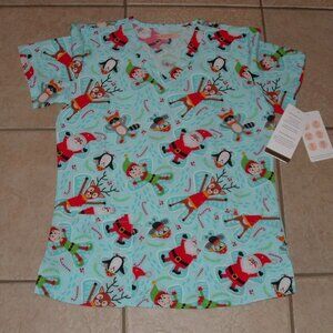 NEW Sz Medium Stretchy Christmas Print Nurse Medical Hospital Uniform Scrub Top